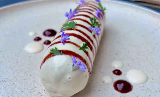 La saucisse de daurade au fenouil ,aioli végétale et ketchup de betteraves